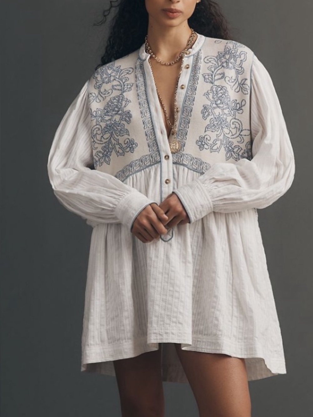 Pilcro/Anthropologie Puff Sleeve Mini Dress White with blue embroidery.